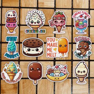 Cute Ice Cream Sticker Pack of 12 Vinyl Stickers Waterproof Die Cut Sticker Set